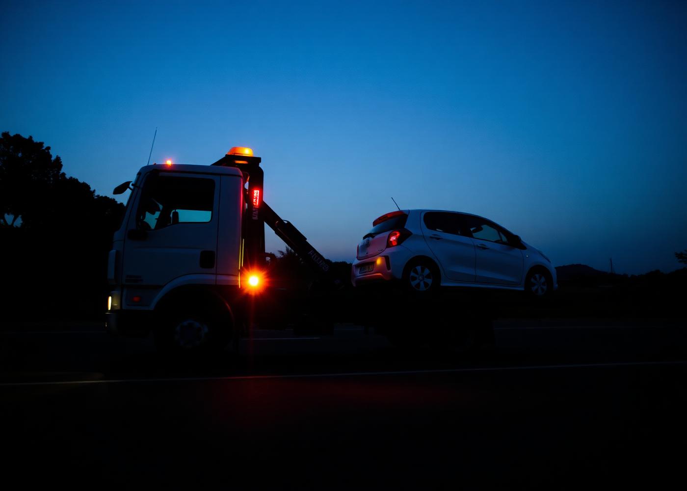 Vehicle being towed by a flatbed tow truck